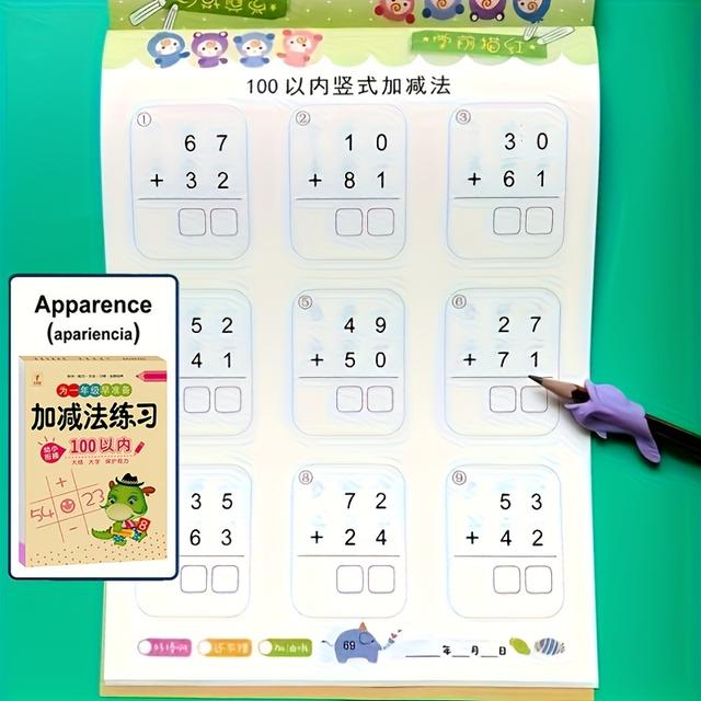 TEMU Matematická sešit pro předškoláky stranami, které se věnují součtu a odčítání, navržený pro studenty k zlepšení psaní.