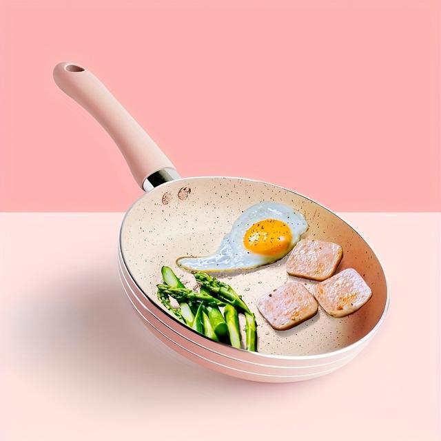 TEMU 6.5" Pink Maifan Stone Frying Pan With Wooden Handle - Aluminum Cooking Pot For Eggs, Pancakes, And More - Easy To Clean, Hand Wash Only, Frying Pan Non Stick