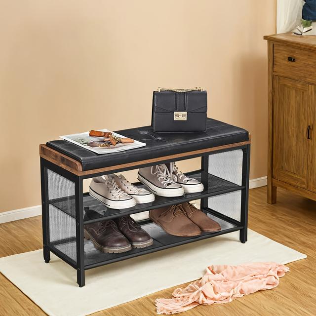 TEMU Schuhbank, Gepolsterte Bank mit Ablagegitter, Schuhregal, Flur, Schlafzimmer, Metallrahmen, Einfache Montage, Platzsparend, Industriell, Kunstleder