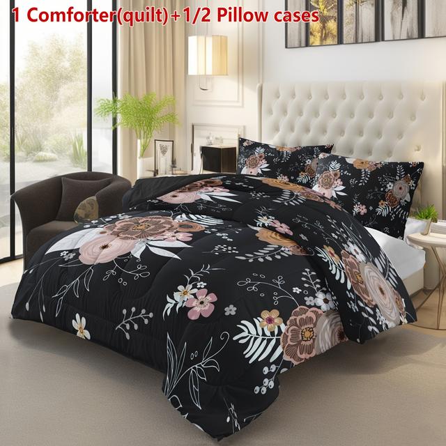 TEMU 2/3pcs Boho Black Flowers Printed , Breathable And Comfortable Bedding, For Bedroom And Decoration, (1 Comforter(quilt)+1/2 Pillow Cases Without Core)