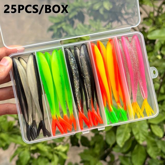 TEMU A Box Containing 25pcs Of Swimming Lures In Colors, Made From High-quality Floating Pvc Material. Each Lure Measures 10.5 Cm And Features A Swinging Mechanism That Realistic Movements