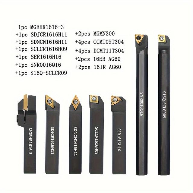 TEMU 21pcs Indexable Lathe Turning Tools, 16mm Tool Handle 7pcs Metal Lathe Tool Holder Set For Turning , Thread Boring And Other , With 14pcs Carbide Inserts Carbide Turning Tools To A Of Needs