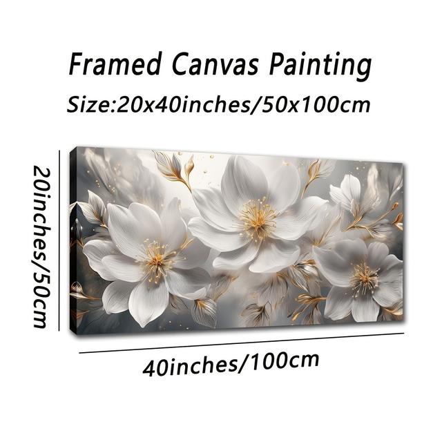 TEMU Large Framed Canvas Art Painting, White Flowers On Landscape, Light Grey , Fir Wood Frame, Art Minimalist Style, 20x40 Inches 50x100cm, Indoor Wall Hanging Decor For Living Room Bathroom