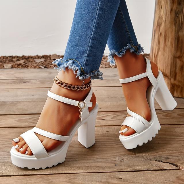 TEMU Elegante Damen Sandalen mit Weißem Glanz und Plateau, Verstellbarem Knöchelriemen und Kristall-Tränen-Schnalle - Schicker Peep-Toe, Hoher Blockabsatz, Vielseitige Sommerschuhe, High-Heel-Sandalen