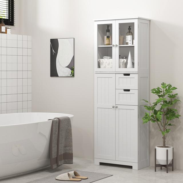 TEMU Homcom Modern Tall Bathroom Cabinet With Glass Doors & Adjustable Shelves - Freestanding Hardwood & Mdf Storage Organizer For Bathroom, Kitchen, Living Room - White