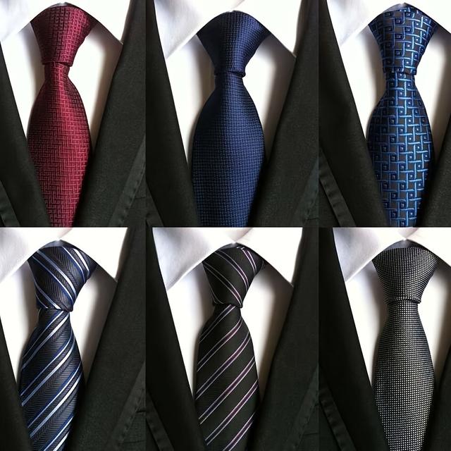 TEMU Men's Elegant Solid Color Tie Set - 6 Assorted Styles In Red, Navy Blue, Black, Light Blue & Dark Brown - Pre-tied For Formal & Casual Occasions - Durable Polyester With No Tie-backs Neede