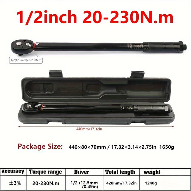 TEMU Momentový klíč 3-230N.m 1/2'' 3/8'' 1/4'' Čtvercový pohon Přednastavený klíč na momenty pro jízdní Dvoucestná ráčna pro auto a kolo Automobilové ruční nářadí