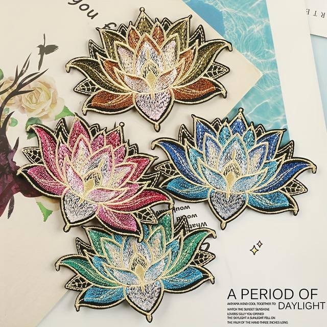 TEMU 4-color Blooming For Lotus Pattern Diy Embroidery Patches, Cartoon Anime Style Iron-on Sewing Badges Suitable For Clothing, Bags, Shoes, Hats, Home Decor Stickers