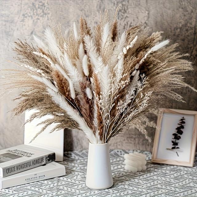 TEMU 100pcs Natural Dried Pampas Grass - Boho Home Decor With Bunny Tails, Weddings, Parties, And Table Settings, Elegant Cream & Beige Color Palette, Rustic Decoration, Pampas Grass Decor