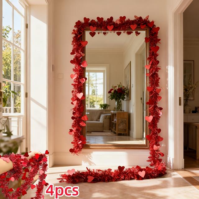 TEMU 8m Sparkling Valentine's Day Heart Garland | Red Ring Decorations For Valentine's Day, Weddings, Anniversaries, Festive And Party Decorations - Plastic Heart Garland