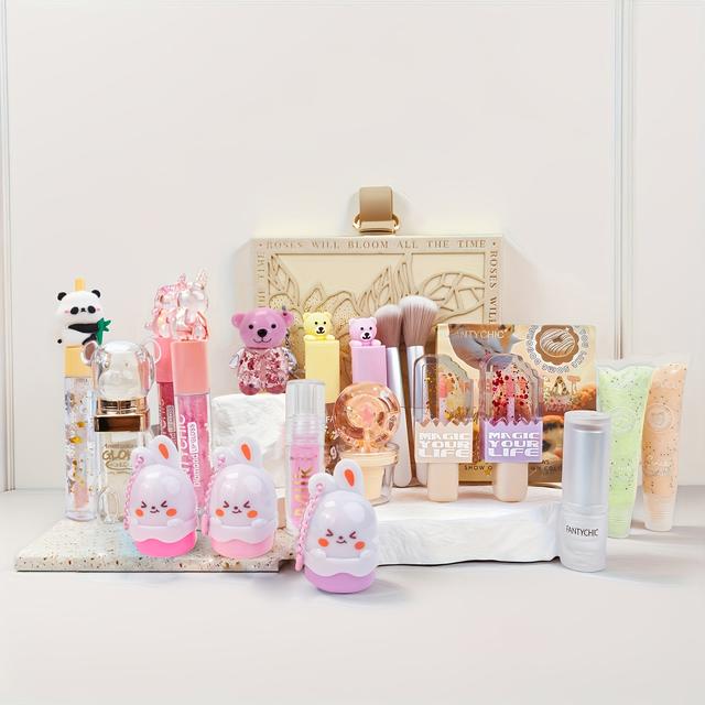 TEMU Yellow Makeup Treasure Gift Box! 20pcs Set Includes Lipstick, Lip Oil, Lip Gloss, Exfoliating Cream, Makeup Brush, Eye Shadow Palette. Beauty Enthusiasts , For Beauty