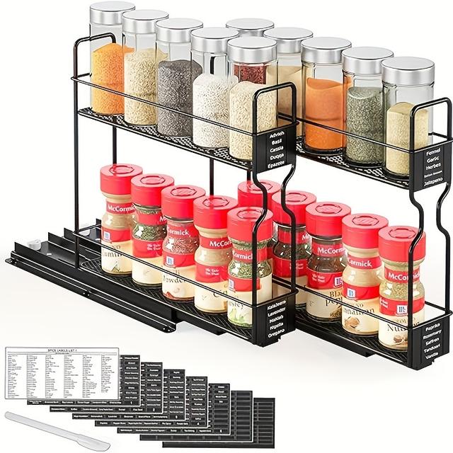 TEMU Geertop Dual-glide Kitchen Spice Rack Organizer - Pull-out, Cabinet-mounted With Chalkboard Labels & Marker, Multi-use Metal Storage For Spices And Seasonings, Containers, Spices Organizer Rack