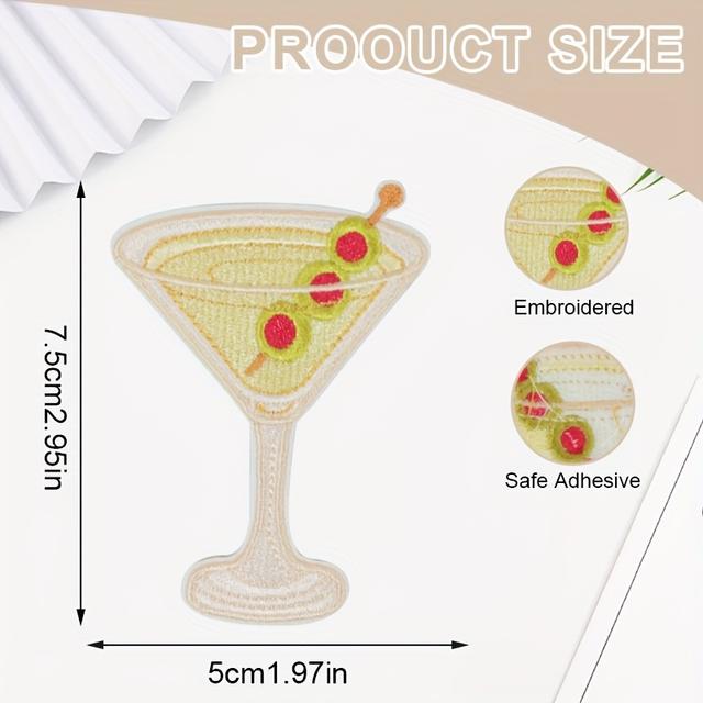 TEMU 1pc Vintage Cocktail Iron-on Embroidery Patch - Retro Martini With Cherry & , Decal, Applique For Clothing, Jeans, Bags, Hats