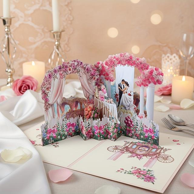 TEMU Kartka ślubna 3D z kwiatowymi dekoracjami, piękny prezent dla partnera, lub na urodziny lub rocznice - idealna na urodziny, Walentynki, śluby, zaręczyny i rocznice