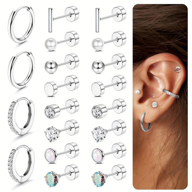 TEMU 10 Pairs 20g Women's Men's Flat Back Earrings - Small 316l Stainless Steel Stud Huggie Hoop Cartilage Mini Hoops Set