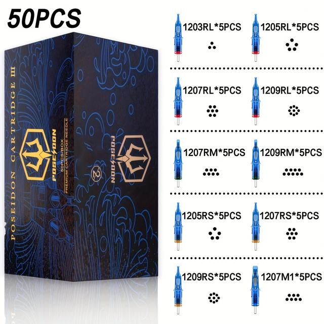 TEMU Poseidon V3 Tattoo Cartridge Needles 50pcs Assorted Sizes Needles Featuring Membrane Safety Cartridges-1203rl, 1205rl, 1207rl, 1209rl, 1207rm, 1209rm, 1205rs, 1207rs, 1209rs, 1207m1