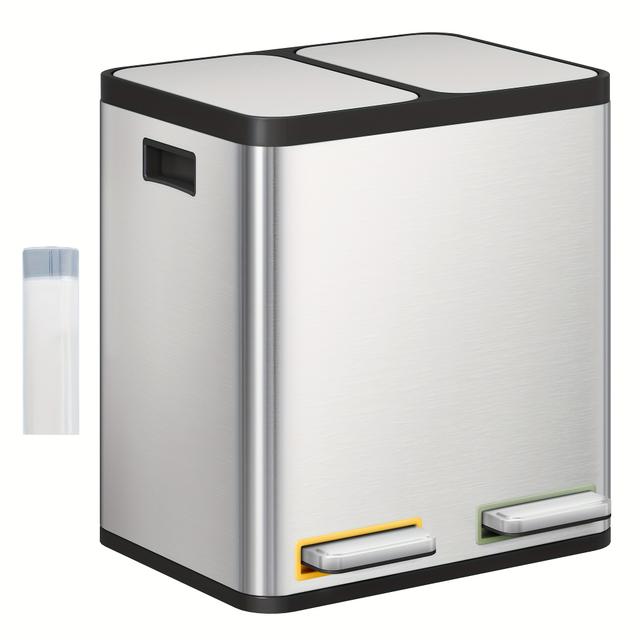 TEMU Küchenmülleimer, Abfalltrennungssystem, 2 Fächer, 30 Liter (2 x 15 Liter), Edelstahl Küchenabfalleimer mit farbcodiertem Pedal, Leiser, langsamer Abwurf
