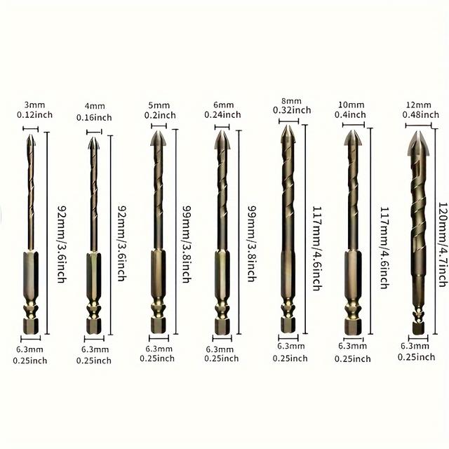 TEMU 7pcs/set 3-12mm Hex Tile Bit For Glass Concrete Ceramic Tile Hole Opener, Carbide Hard Alloy Bits Set Tools 3 4 5 6 8 10 12mm