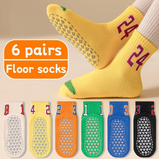 TEMU 6 Pairs Kids Cartoon Floor Socks, Non-slip, , Knit Polyester 95% Spandex 5% Blend, Hand Wash Only, For