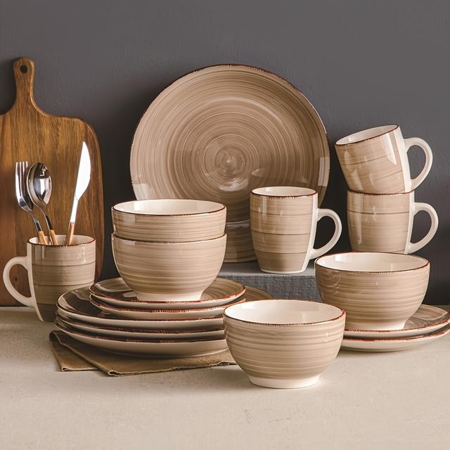 TEMU Dinner Set For 4, Stoneware Plate Bowl Set Handpainted Tableware, 16pcs Light Brown Dinner Service With Dinner Plate/dessert Plate/cereal Bowl/mug