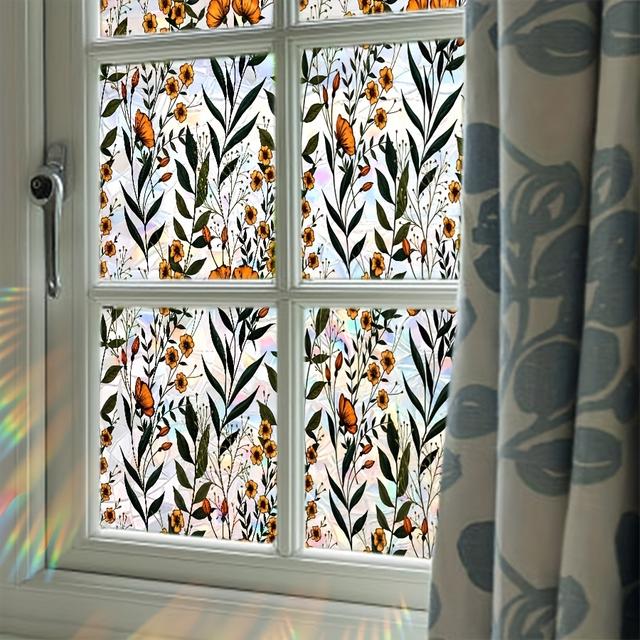 TEMU 1pc Classic Eucalyptus Flower Window Film, Floral Static Cling Decal, Reusable Pvc Glass Sticker For Wedding Party Home Decor, 1mil Thickness