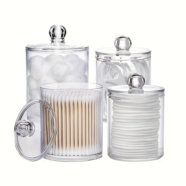 TEMU 4er-Set Klare 12oz, 10oz Wattestäbchenhalter, Toiletten-Badezimmerorganisatoren und Aufbewahrungsbehälter für Bälle, Tupfer, Runde Pads, Zahnseide, Kunststoff-Apothekergläser mit Deckeln