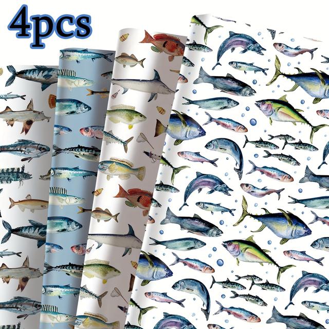TEMU 4 Sheets Fish Gift Wrapping Paper - 70x100cm, 4 Fish Patterns, Perfect For Fishing Enthusiasts, Birthdays, Holiday Party Decorations