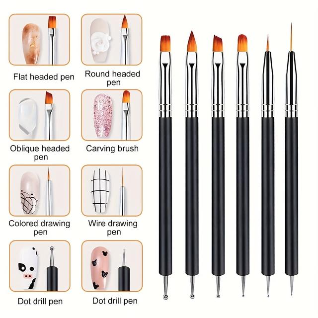 TEMU 6pcs Black Nail Art Brushes - Dotting, Lining,, Flat, Round Heads For Diy & Professional Use