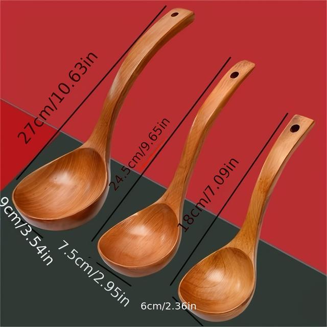 TEMU 3pcs Combination Multi Size Creative Spoon Wooden Rice Spoon Hotel Household Curved Handle Soup Ladle
