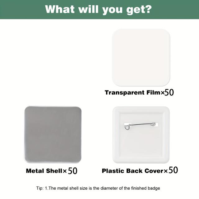 TEMU 50개 사각 버튼 제작 도구 세트 - 50mm/1.97인치, 메탈 커버, 플라스틱 백 커버, 필름 - 간편한 조립 및 정밀 공예를 위한 내구성 좋은 플라스틱 구조, 버튼 제작 용품, 공예 필수품, 세련된 디자인, 공예 도구, 단추 귀여운, 미니단추, 큰단추, 레진 단추