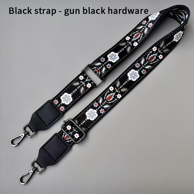 TEMU Fashion Black Floral Pattern Stretchable Shoulder Strap With , Lightweight Polyester Woven, 57-inch Length, Reusable For Travel Bags And