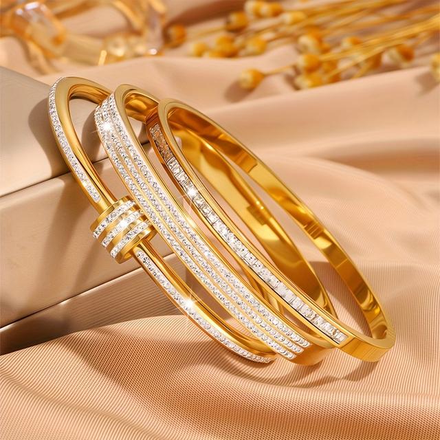 TEMU 3/2pcs Elegant Stainless Steel Bracelets | 18k Gold Plated, Synthetic Synthetic Zircon Accents, Suitable For Daily, Party, And Vacation Occasions