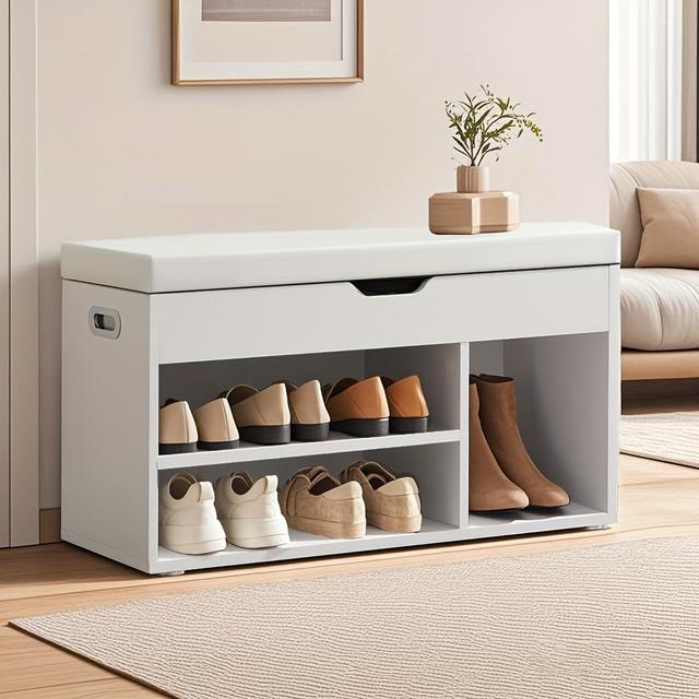 TEMU Shoe Bench With Cushion, Storage Bench With Padded Seat, 3 Compartments, Hidden Storage, Shelves, Living Room Lounge Hallway Bedroom, Load Capacity 150kg