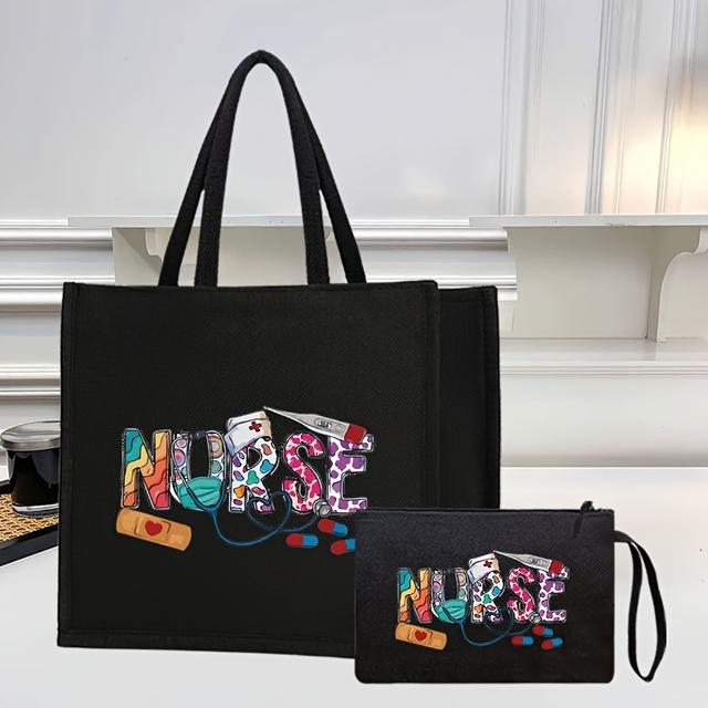 TEMU 2-teiliges Set Jute-Tragetaschen mit Krankenschwester-Aufdruck, modische Schultertasche mit passender Kosmetiktasche, Handtasche mit Krankenschwester-Motiv