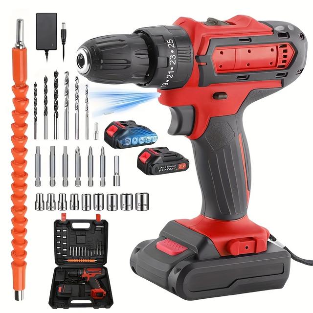 TEMU 21V充電式電動ドリ - 25段階トルク調整、逆転機能付き、2個のバッテリー&収納ケース&21ビット付属、DIY初心者に最適な父の日のギフト