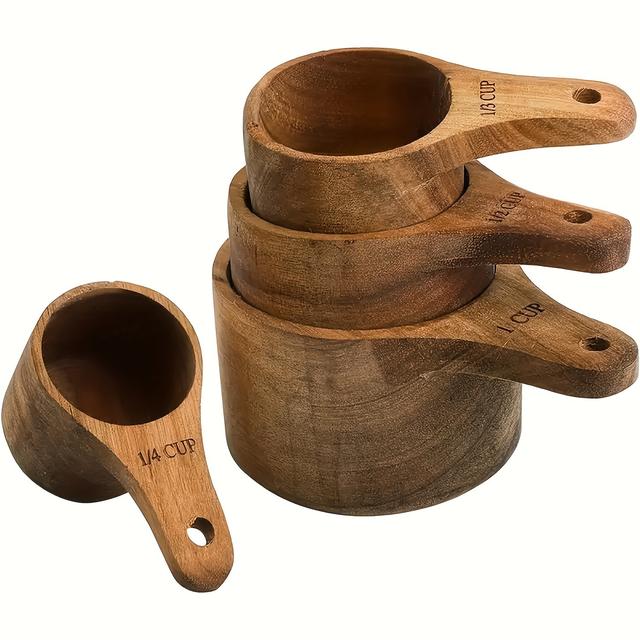 TEMU 4pcs Handcrafted Wooden Measuring Set - Baking, Cooking, Coffee, Tea & Dry Ingredients - Includes Spoons With Hanging Holes