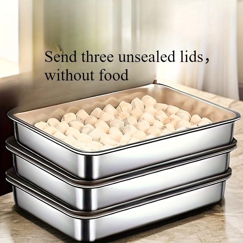 TEMU 3pcs, Three-piece Large Stainless Steel Dumpling Plate With Lid, Rice Plate Pasta Plate, Rectangular Tray Barbecue Plate Vegetable Plate
