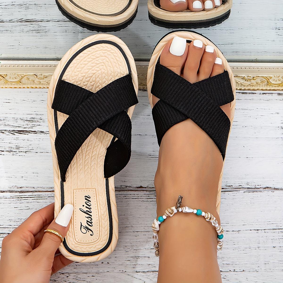 TEMU New Cross-strap Slippers, Simple Women's Sandals, Lightweight Black Solid Color Slippers, Beach Outing Women's Shoes, Women Shoes