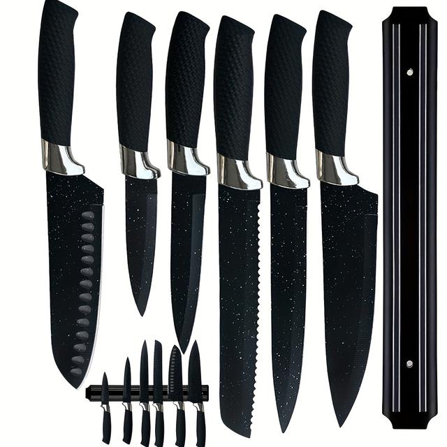 TEMU 7pcs Black Sharp Knife Set For Kitchen, Stainless Steel Chef Knife Set With Magnetic Strip For Cutting, Black Color
