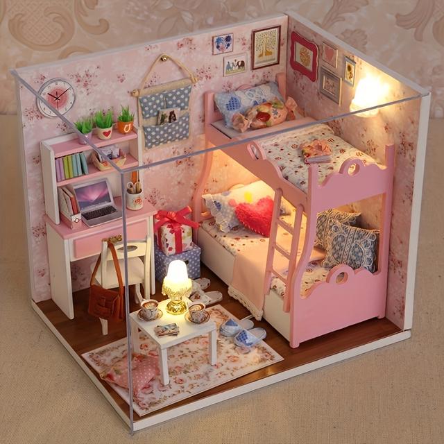 TEMU Pink Miniature Room Model House Set | Bedroom Model With Furniture Kit, Creative Valentine's Day, Birthday, And Holiday Gift (glue And Batteries Not Included) - Cute Room