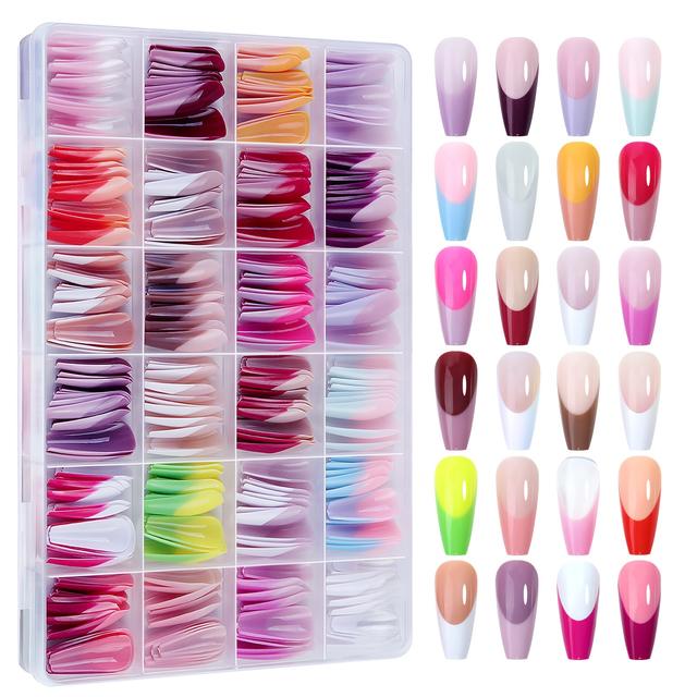 TEMU Misscheering 288pcs Ballet Long Press-on Nails Set, French Tip, Glossy Finish, Mixed , Geometric Pattern, Removable Fake Nail Kit