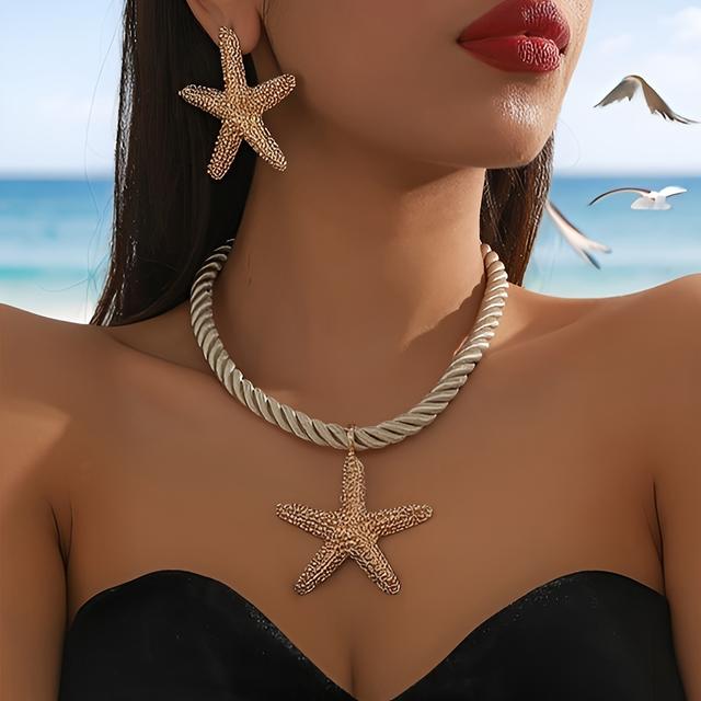 TEMU 1 Set Of 3pcs Starfish Pendant Necklacemarine Style Exaggerated Earrings Ladies...