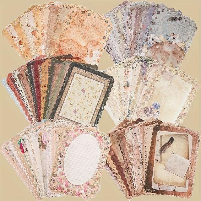 TEMU مجموعة متنوعة من ورق القرطاسية المزين بالدانتيل، 60 ورقة - ورق عتيق لكتابة الرسائل وتزيين السكرابوكينج ومستلزمات مخطط الجراميد والخلفية للكولاج بمقاس 4.9x6.9 بوصة