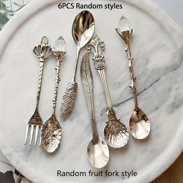 TEMU 6pcs/12pcs Vintage Spoons And Fork | Royal Golden Carved Coffee Snacks Fruit Prikkers Dessert Fork Kitchen Tool Teaspoon, Silver-plated Alloy By Ttp