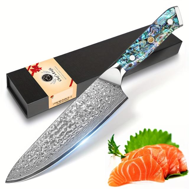 TEMU Professional Kitchen Knife Made Of Steel With 67 Layers, Featuring A Handle Made Of Abalone Shell, Ideal For Slicing Vegetables, Fruits, And Meats, And In A Gift Box