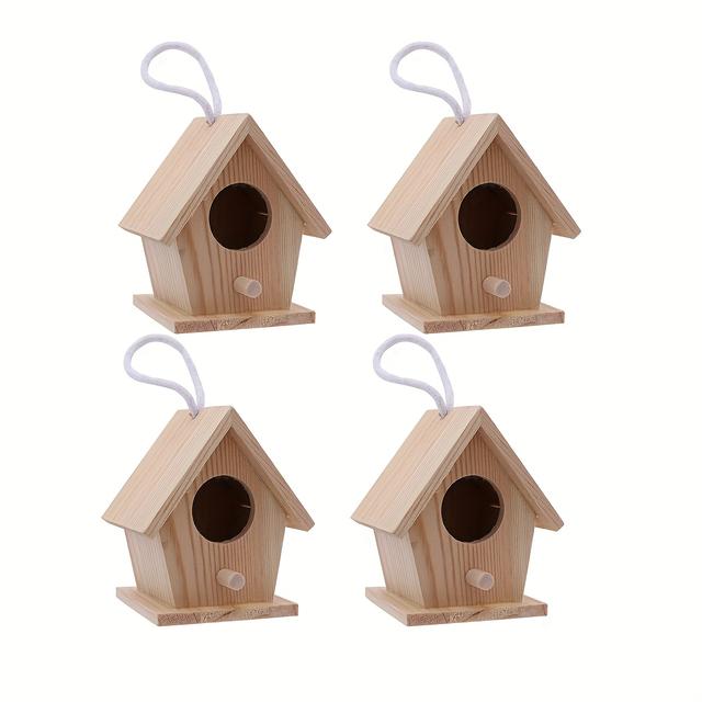 TEMU 4pcs Mini Set, Teak Wood & Moss-lined Interior, Weather-resistant Hanging Decor For Garden Parties, Without Battery