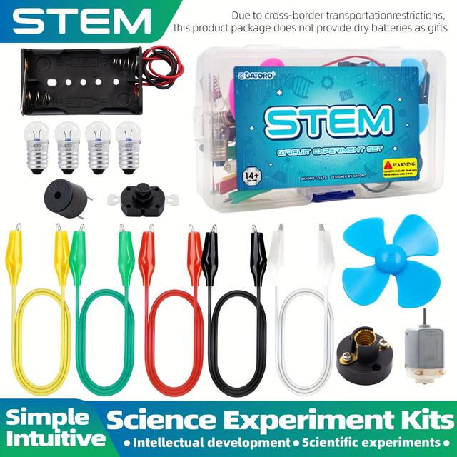 TEMU Un kit d'expériences scientifiques STEM comprenant un moteur, une ampoule, un support de pile, un interrupteur, un pince-clips et un buzzer - Livré avec une boîte de rangement en PP
