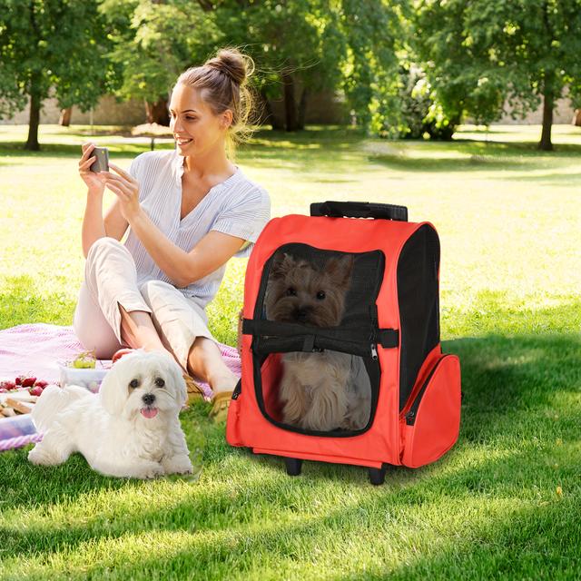 TEMU Pawhut 2-in-1 Pet Luggage Box Backpack Carrier W/ Handle, Rolling Wheel Red
