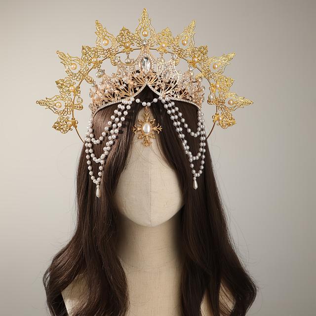 TEMU Luxury Baroque Beaded Crown Headband Pendant Tassel Tiara Halloween Women's Costume Hair Accessory