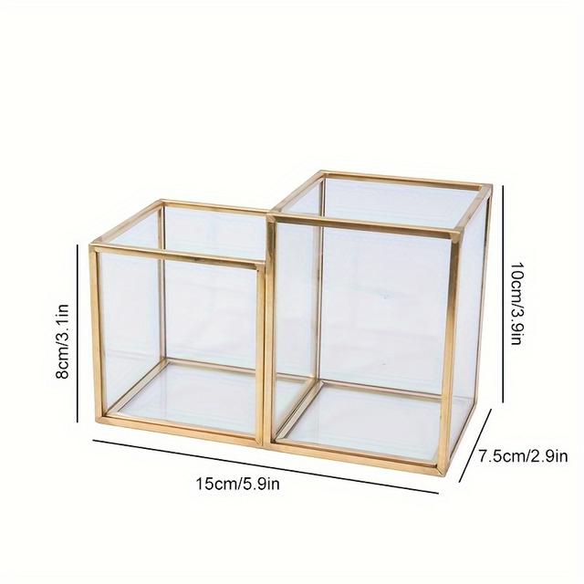 TEMU Polierter goldener Glas-Make-up-Pinselhalter mit 2 Fächern - Leichter Schreibtisch-Organizer für Eyeliner, Stifte, Zahnbürsten, Büro- und Badezimmer-Aufbewahrungszubehör